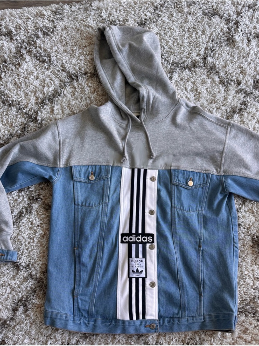 adidas Grey Hooded Denim-Style Jacket - XS, but oversized fit